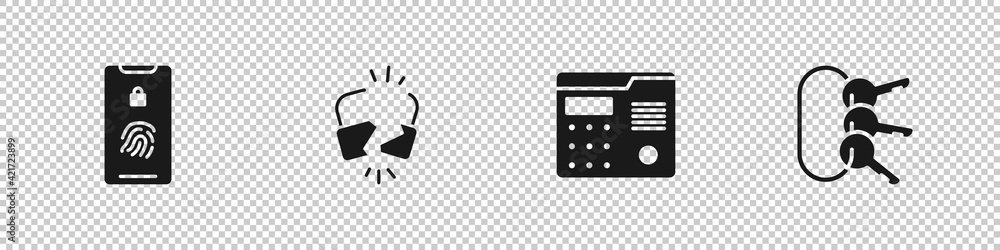 Set Mobile with fingerprint scan, Broken or cracked lock, House intercom system and Bunch of keys icon. Vector Set Mobile with fingerprint scan, Broken or cracked lock, House intercom system and Bunch of keys icon. Vector
