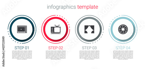 Set Online play video, Retro tv, Curtain and Camera shutter. Business infographic template. Vector