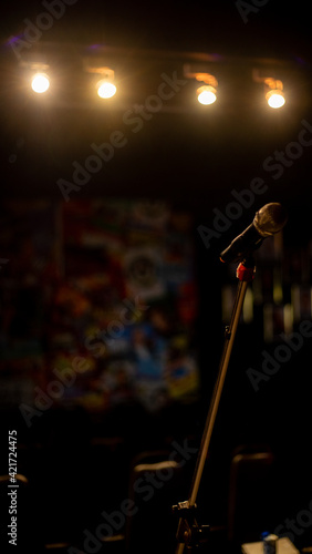 Vertical shot of Microphone on stand looking out towards crowd with stage lights on