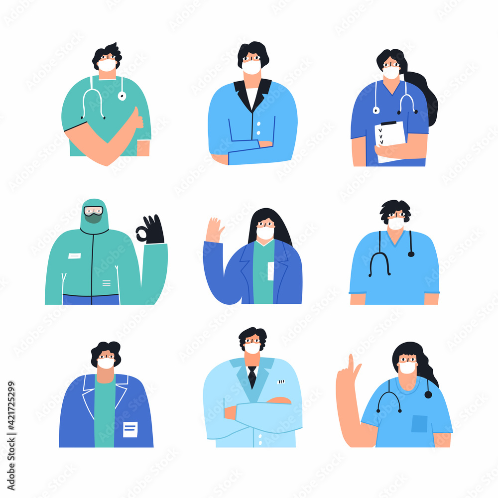 Collection of doctors and nurses wearing face mask isolated on white. Flat vector with female, male healthcare professionals. Hand drawn vector set of medicine workers with stethoscope and clipboard Collection of doctors and nurses wearing face mask isolated on white. Flat vector with female, male healthcare professionals. Hand drawn vector set of medicine workers with stethoscope and clipboard