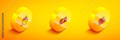 Set Isometric Sherlock Holmes, Pound sterling money and Wooden barrel icon. Vector