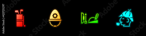 Set Golf bag with clubs, British police helmet, Robin hood hat and Sherlock Holmes icon. Vector