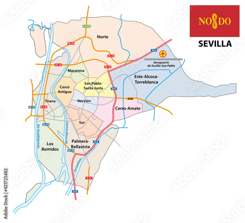 Administrative and street map of the Andalusian capital Seville, Spain