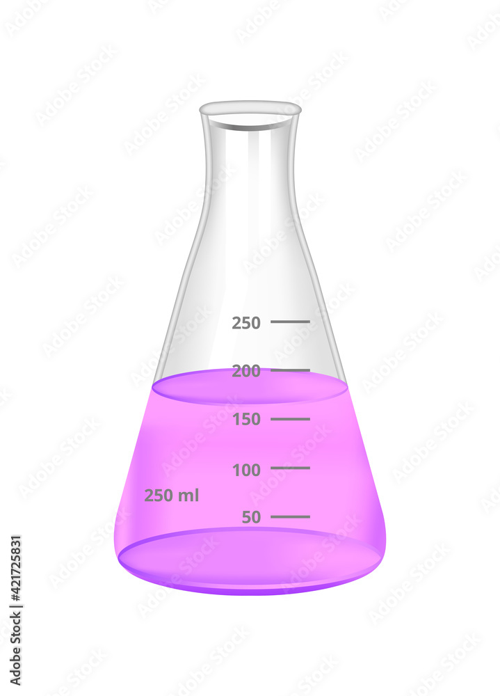 Vector illustration of a transparent conical narrow neck Erlenmeyer flask 250 ml from borosilicate glass filled with violet, pink or purple liquid isolated on a white background. Chemical laboratory. Vector illustration of a transparent conical narrow neck Erlenmeyer flask 250 ml from borosilicate glass filled with violet, pink or purple liquid isolated on a white background. Chemical laboratory.