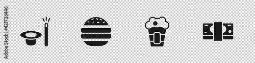 Set Magic hat and wand, Burger, Popcorn in box and Stacks paper money cash icon. Vector