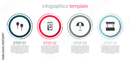 Set Balloons, Vending machine, Sun protective umbrella and Ticket box office. Business infographic template. Vector