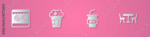 Set paper cut Shooting gallery, Popcorn box, Paper glass with water and Picnic table chairs icon. Paper art style. Vector