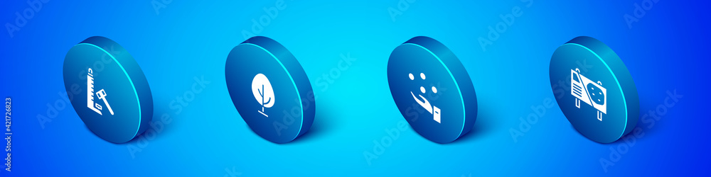 Set Isometric Striker attraction with hammer, Juggling ball, Amusement park billboard and Tree icon. Vector Set Isometric Striker attraction with hammer, Juggling ball, Amusement park billboard and Tree icon. Vector