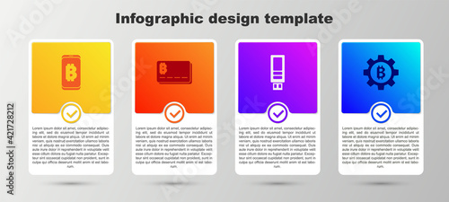 Set Mining bitcoin from mobile, Credit card with, USB flash drive and Cryptocurrency Bitcoin. Business infographic template. Vector