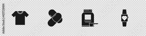 Set T-shirt, Sports nutrition, and Smartwatch icon. Vector