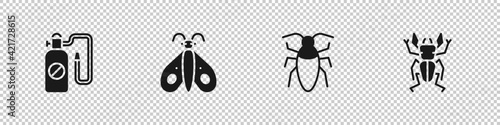 Set Pressure sprayer, Butterfly, Cockroach and Beetle deer icon. Vector