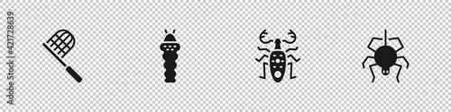 Set Butterfly net, Larva insect, Beetle deer and Spider icon. Vector