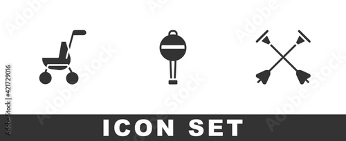 Set Baby stroller, Rattle baby toy and Arrow with sucker tip icon. Vector