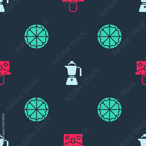 Set Handbag, Coffee moca pot and Pizza on seamless pattern. Vector