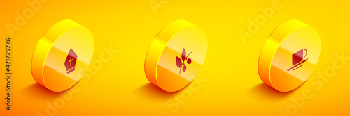 Set Isometric Pope hat, Olives branch and Coffee cup icon. Vector