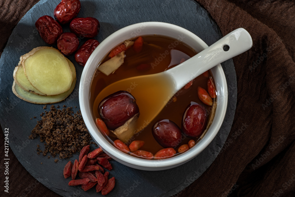 Chinese dried red date, Jujube, ginger tea and brown sugar Chinese dried red date, Jujube, ginger tea and brown sugar