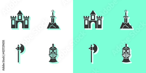 Set Medieval iron helmet, Castle, fortress, axe and Sword in the stone icon. Vector