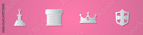 Set paper cut Sword in the stone, Decree, parchment, scroll, King crown and Shield icon. Paper art style. Vector