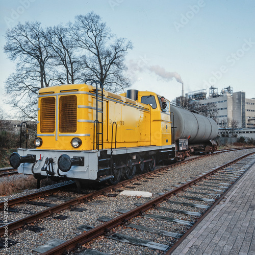 Locomotive with . Diesel. Train. Industrial area. Akzo Nobel Emmen Netherlands.