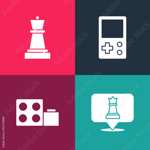 Set pop art Chess, Toy building block bricks, Tetris and icon. Vector