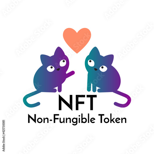 Cute neon cat and text non fungible token NFT. Isolated on white background. Stock vector illustration