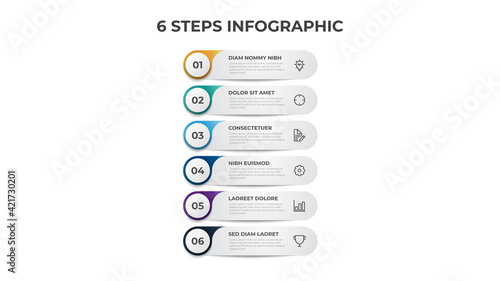 Colorful list diagram with 6 points of steps, infographic element template vector.