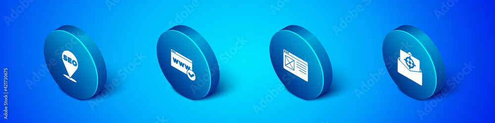Set Isometric SEO optimization, Browser window, Mail and e-mail and Website template icon. Vector Set Isometric SEO optimization, Browser window, Mail and e-mail and Website template icon. Vector