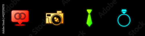 Set Wedding rings, Photo camera, Tie and Diamond engagement icon. Vector