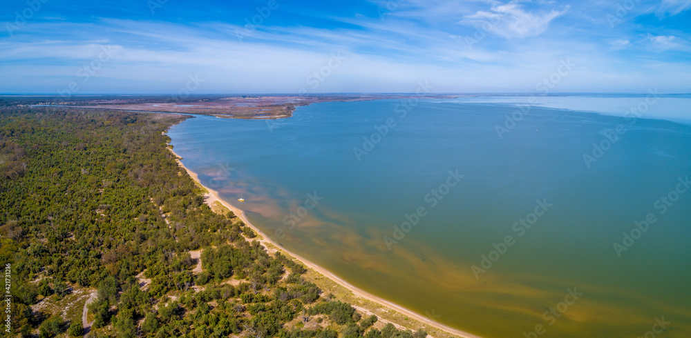 Aerial panoramic landscape of lake Wellington in Gippsland, Australia