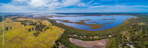 Wide aerial panorama of Lake Wellington in Gippsland, Australia