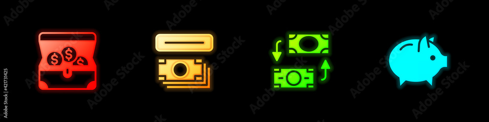 Set Treasure chest, ATM and money, Money exchange and Piggy bank icon. Vector Set Treasure chest, ATM and money, Money exchange and Piggy bank icon. Vector