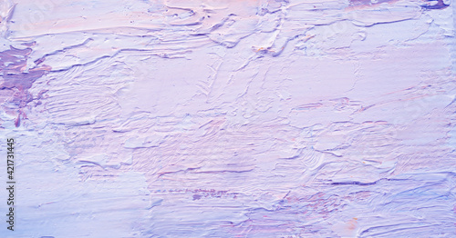Embossed pasty oil paints and reliefs. Primary colors: pink, blue, violet, white. Abstract art.