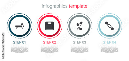 Set Bench with barbel, Bathroom scales, Vitamin pill and Dumbbell. Business infographic template. Vector