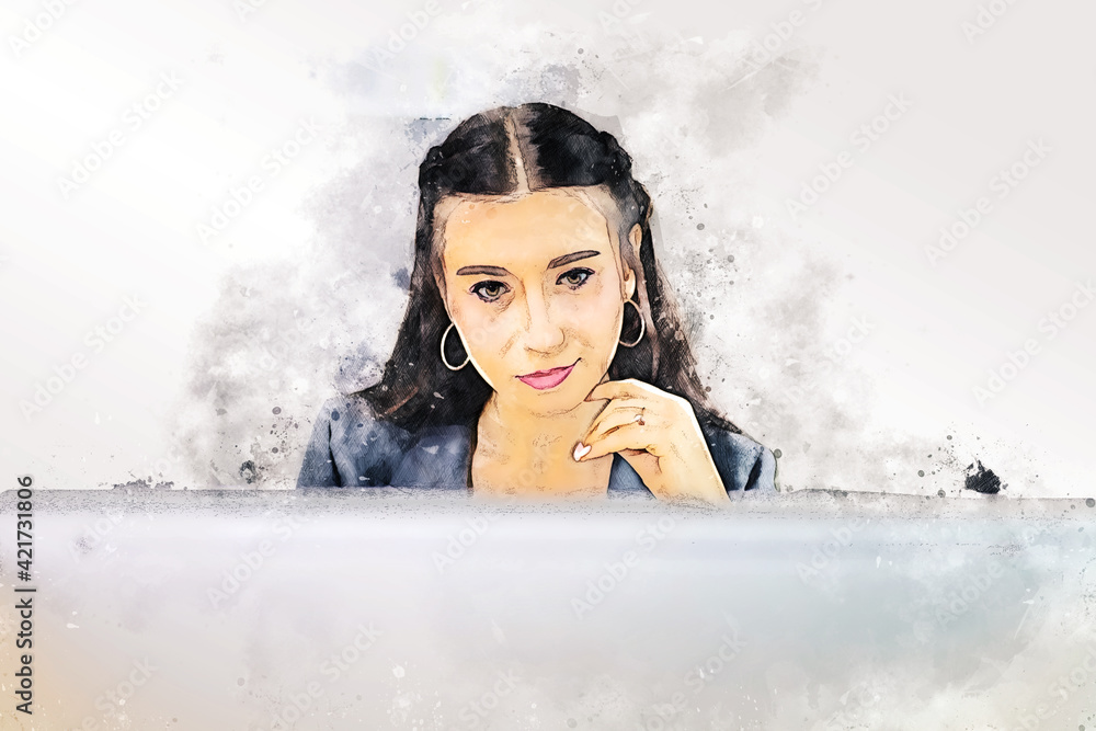 Obraz premium Abstract business woman smile portrait on watercolor illustration painting background.