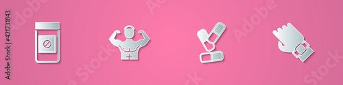 Set paper cut Anabolic drugs, Bodybuilder muscle, Vitamin pill and Smart watch on hand icon. Paper art style. Vector