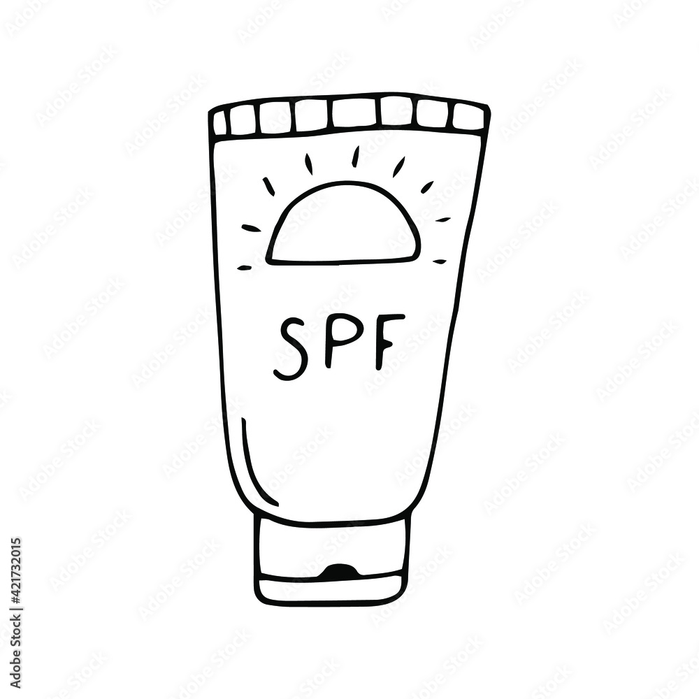 Hand drawn tube of sunscreen. Doodle illustration, SPF sun care concept. Hand drawn tube of sunscreen. Doodle illustration, SPF sun care concept.