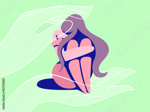 vector flat design illustration on the theme of mental health. a very sad girl needs psychological support. she may be a victim of domestic violence. helping hands reach out in her. mental healthcare