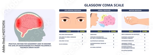 Glasgow Coma Scale avpu alert verbal pain patient score first aid test brain injury care GCS head car crash unit ICU trauma EMV