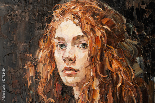 Fototapeta Naklejka Na Ścianę i Meble -  Art painting. Fragment of portrait of a girl with brown hair is made in a classic style. .