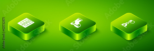 Set Isometric Fire boots, Bucket extinguishing fire and Evacuation plan icon. Vector
