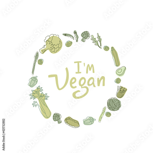 I am vegan hipster style sign with outline vegetables. Handwritten lettering quotes in organic, bio product frame. Vector stock illustration isolated on white background. EPS10