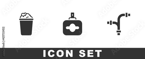 Set Bucket with soap suds, Perfume and Industry metallic pipe icon. Vector