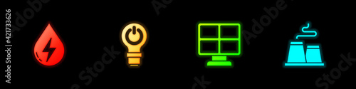 Set Water energy, Light bulb with lightning, Solar panel and Factory icon. Vector