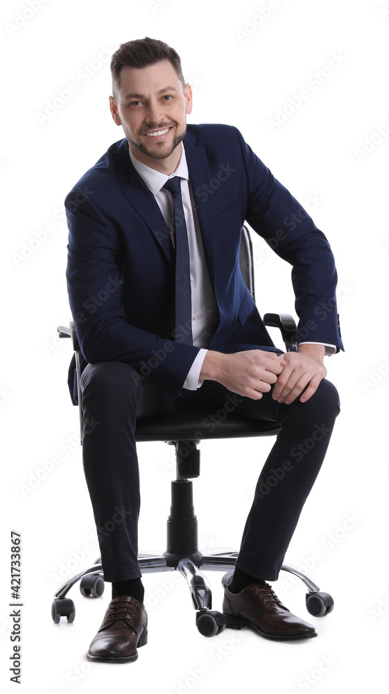 Handsome businessman sitting in office chair on white background Handsome businessman sitting in office chair on white background