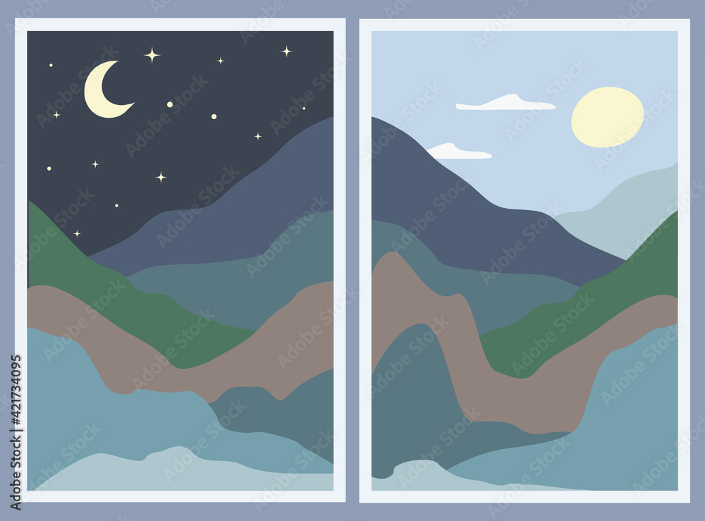 Set of two minimalist landscapes. Abstract mountains. stylish background. Change of day and night, moon and sun in the sky. Concept of travel, leisure and tourism. Beautiful nature. Vector