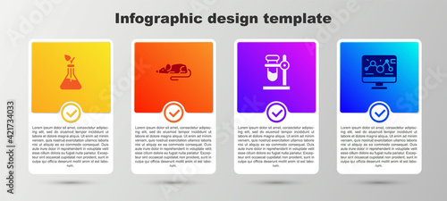 Set Plant breeding, Experimental mouse, Test tube flask on stand and Genetic engineering modification. Business infographic template. Vector
