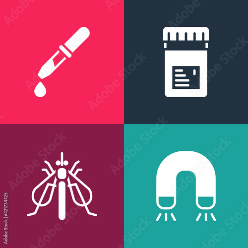 Set pop art Magnet, Experimental insect, Jar with additives and Pipette icon. Vector