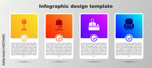 Set Parking, Table lamp, Hotel reception desk and Armchair. Business infographic template. Vector