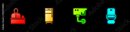 Set Hotel reception desk, Refrigerator, Security camera and Toilet bowl icon. Vector