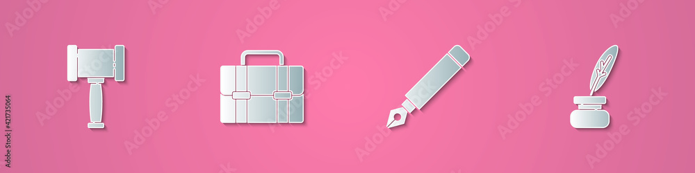 Set paper cut Judge gavel, Briefcase, Fountain pen nib and Feather and inkwell icon. Paper art style. Vector Set paper cut Judge gavel, Briefcase, Fountain pen nib and Feather and inkwell icon. Paper art style. Vector